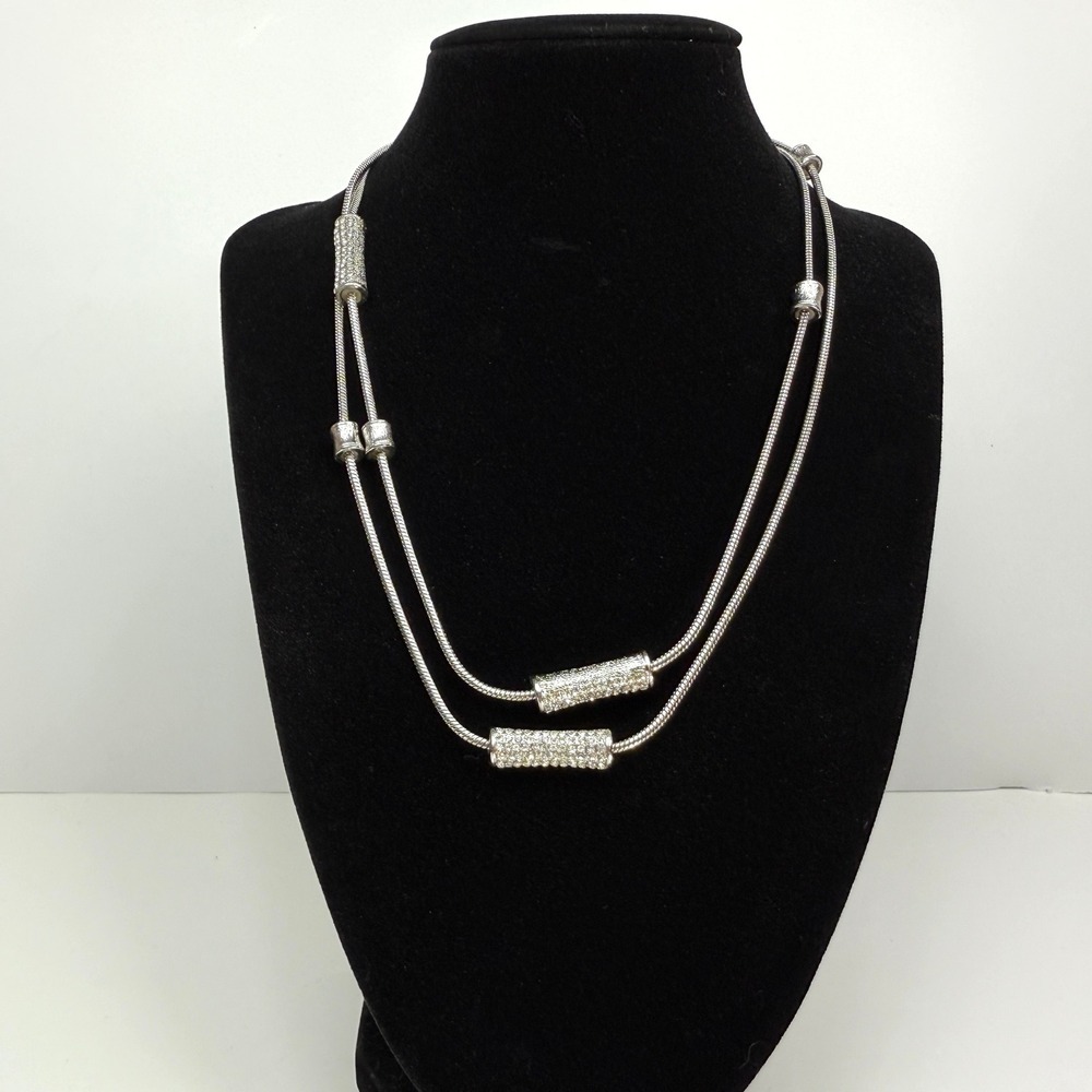 lia Sophia Long Pave Rhinestone Cluster Necklace Silver Tone Snake Chain Jewelry